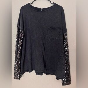 Black Long Sleeve Top with Sequin Sleeves